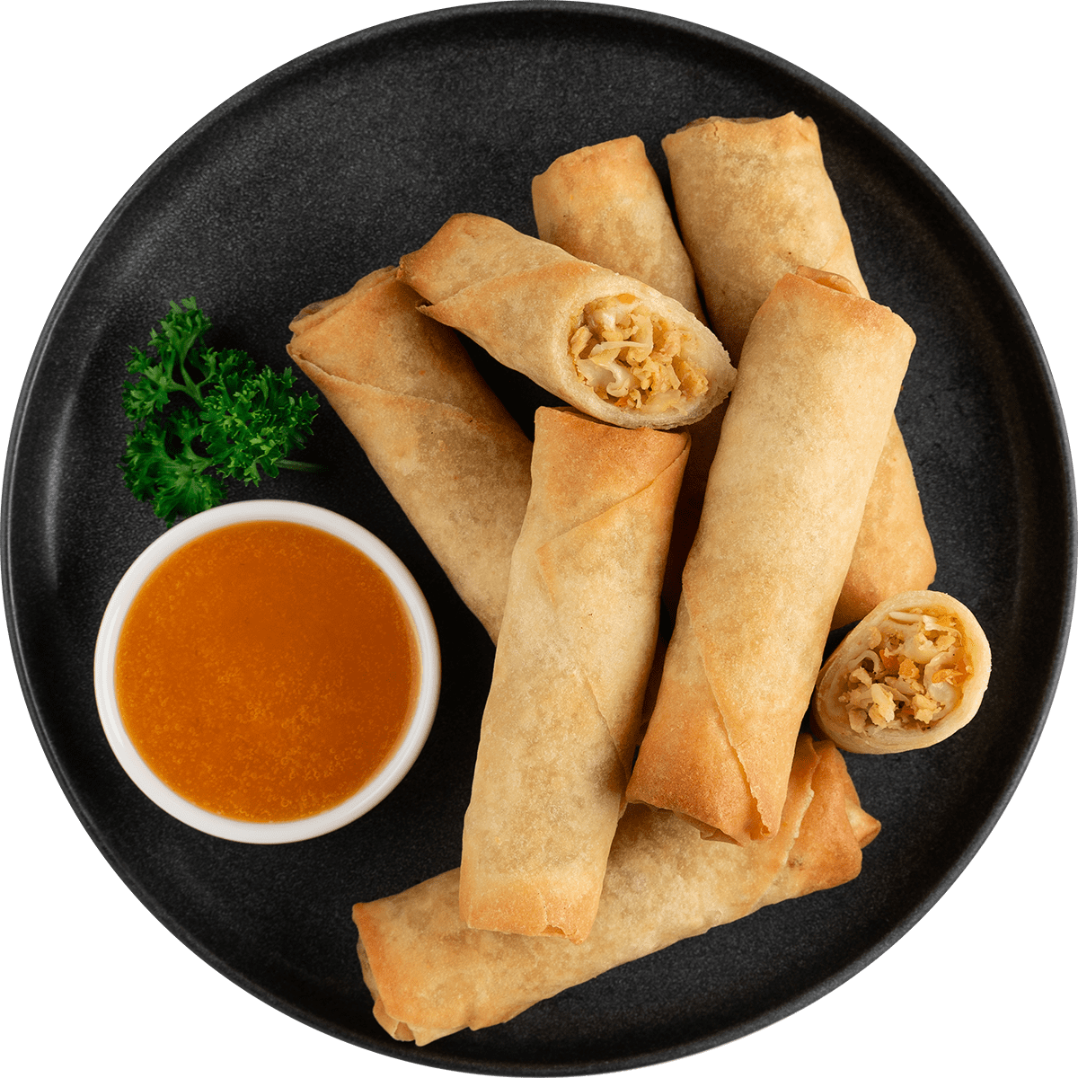 SUMM! Spring Rolls on a black plate with sauce