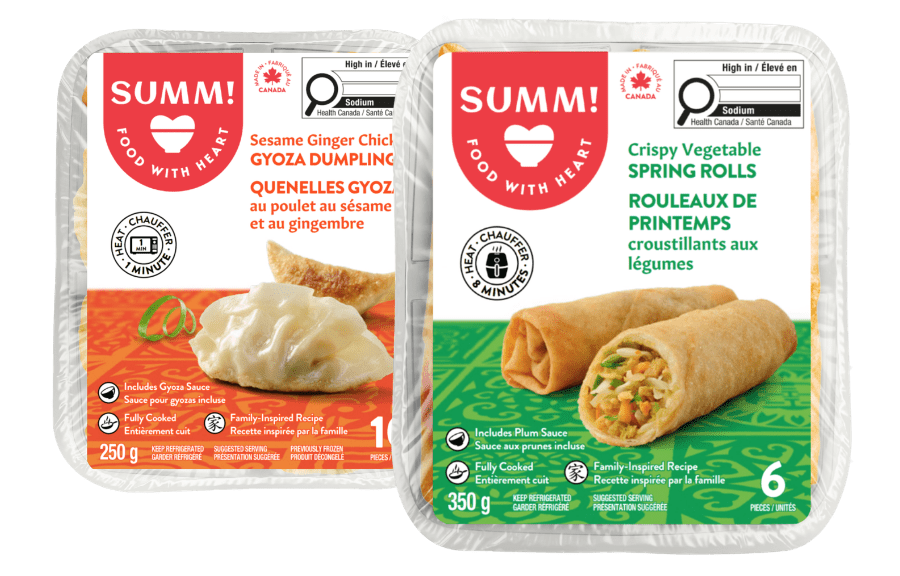crispy vegetable spring roll with sesame ginger chicken gyoza dumplings behind package
